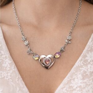 Paparazzi Silver Heart Necklace With Silver Roses, Orange and Pink Rhinestones